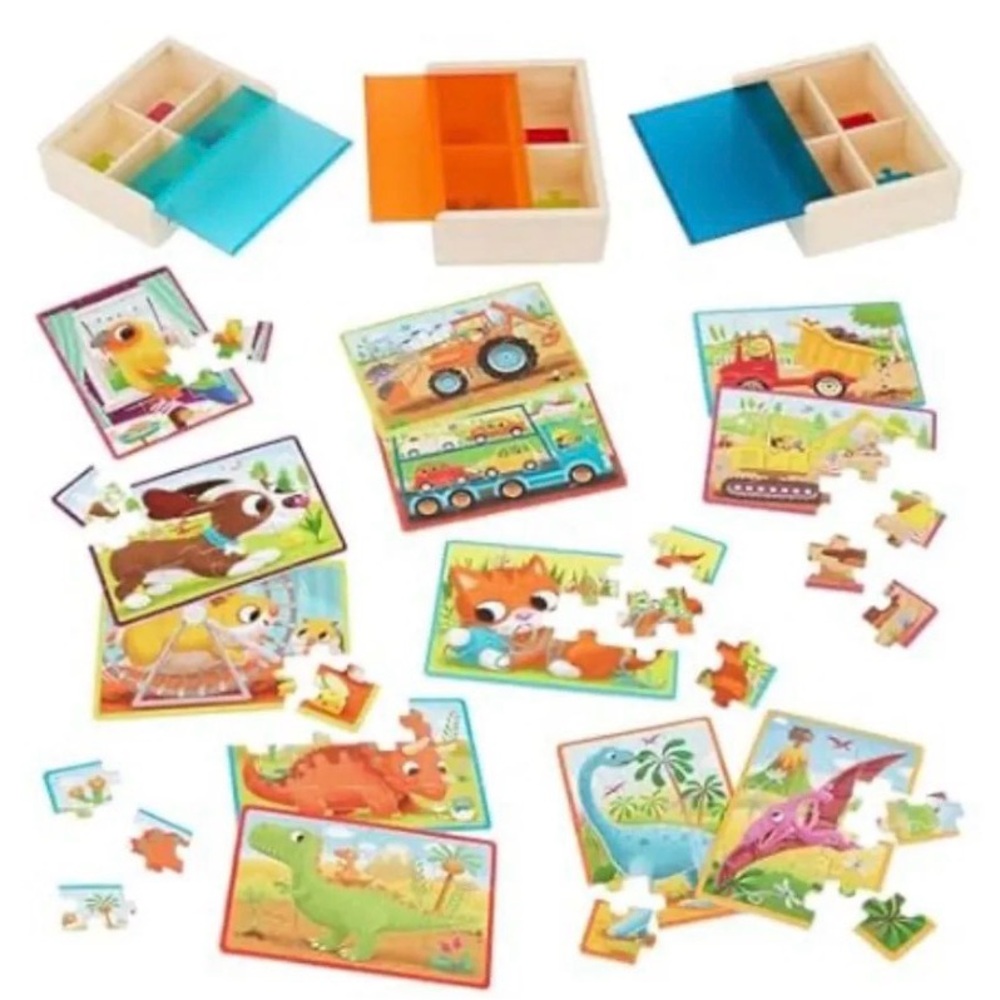 Wooden Sliding Lid Puzzle Set for Kids - Blue & Orange Lids